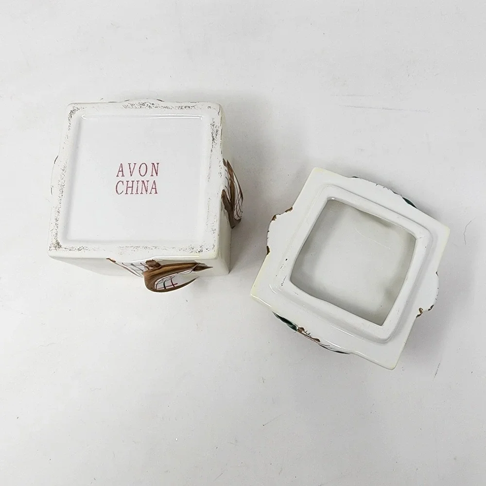 Vintage Avon China Gift Box Lidded Trinket Jar‎ Plaid Bow Ceramic Holiday Decor